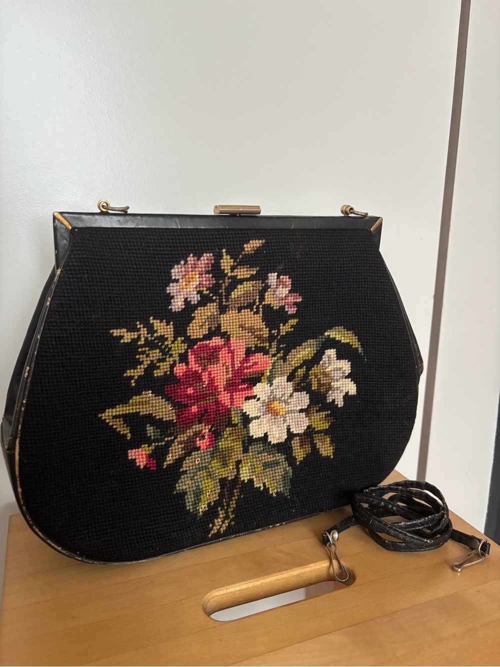 Vintage Black Floral Needlepoint Handbag